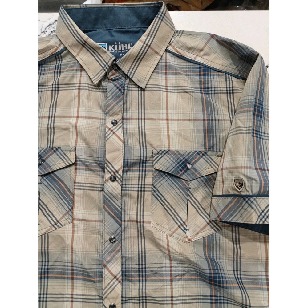 Kuhl Eluxur Button Up Shirt Men Size Medium Colorful Plaid Beige Outdoors Hiking